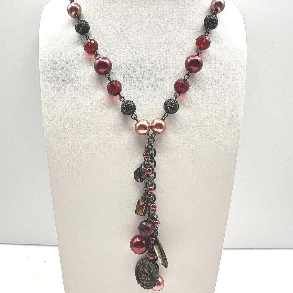 Vintage 90s Avon Beaded Charm Lariat Necklace Cameo Angel Heart Women's Jewelry
